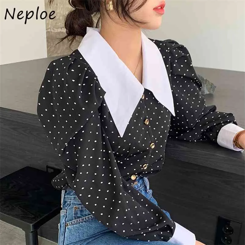 Hit couleur Patchwork Dot Blouse femmes col rabattu bouffée à manches longues simple poitrine Blusas printemps chemise en vrac 210422