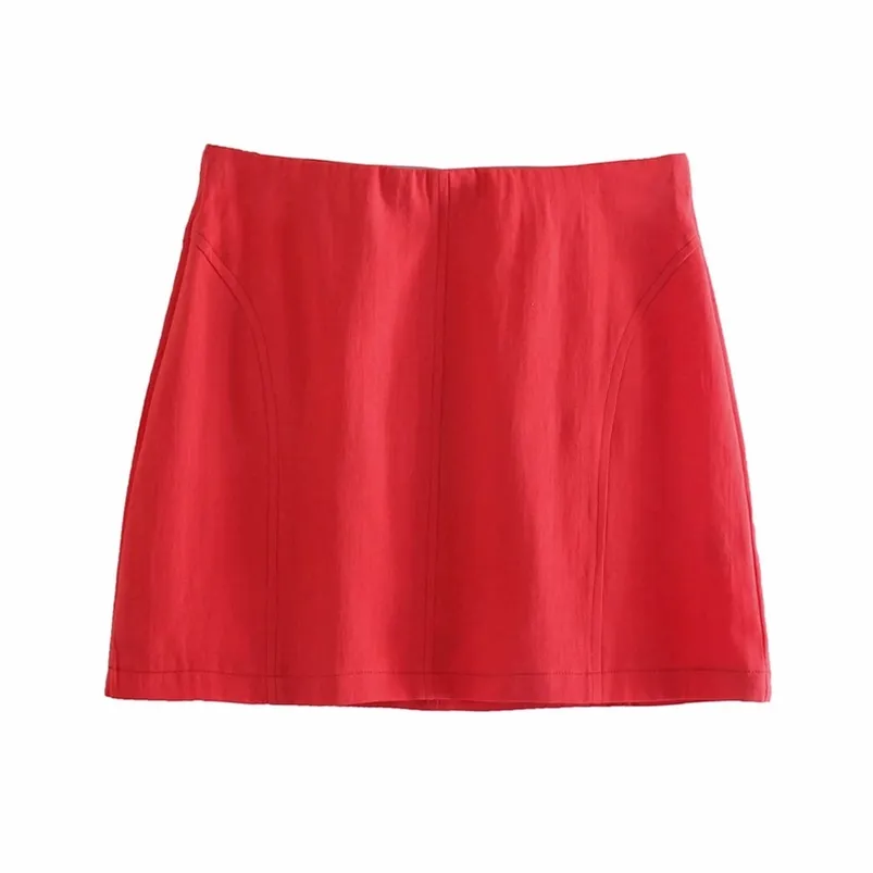 Kvinnor Sommar Solid Mini A-Line Kjolar Za Back Zipper Linne Kvinna Elegant Street Ol Skirt Botton Kläder 210513