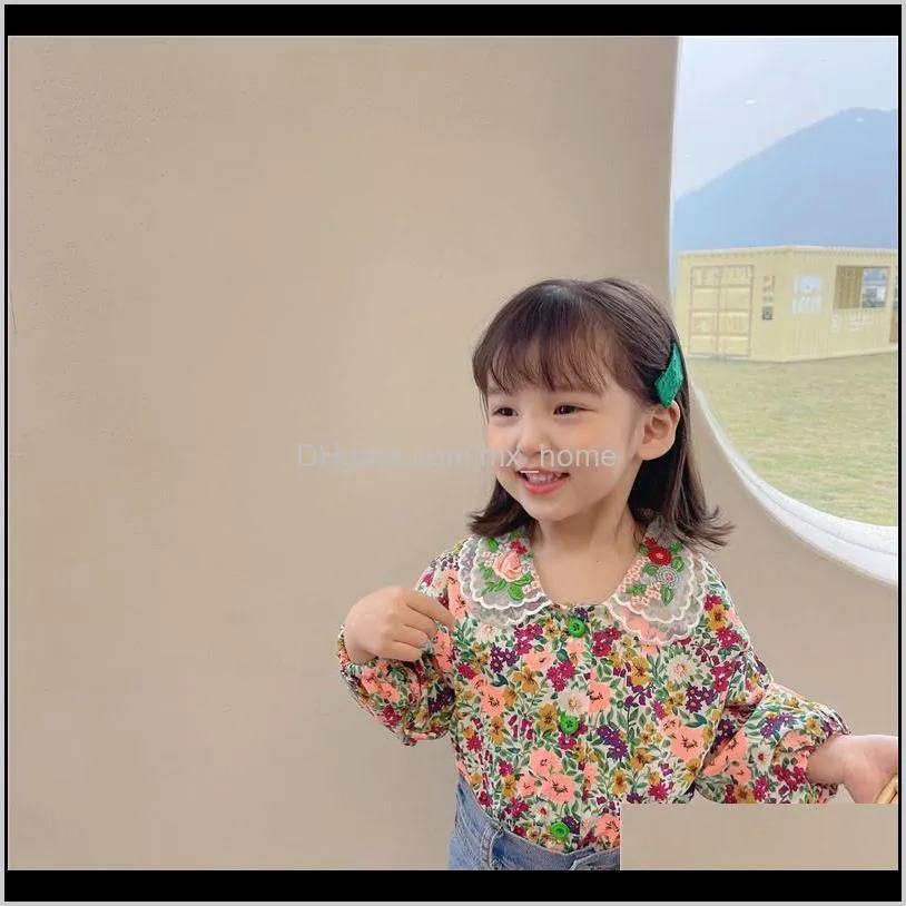 korean style spring little girls floral embroidery mesh collar shirts baby child retro long sleeve shirt clothes 210305
