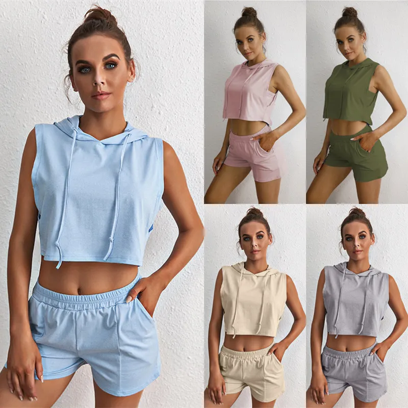 Two piece Suit summer hooded sleeveless stayhome style pocket casual vest shorts suit 2-piece set For women clothes 210514