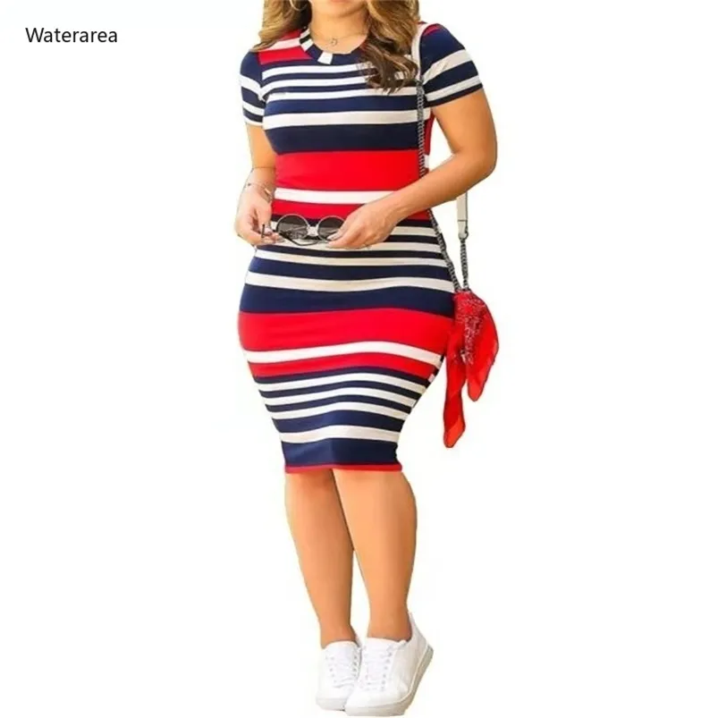 Summer Women O-Neck Short Sleeve Leaf Striped Print Bodycon Knee Length Dress Sexy Partynight Club DressTB5042 210623