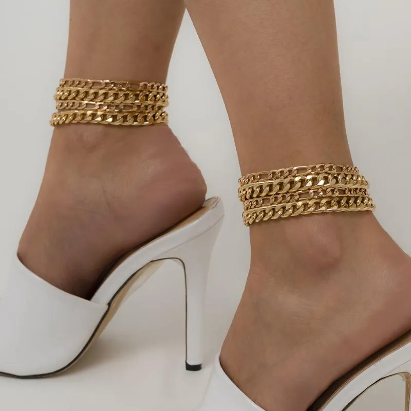 Anklets 4Pcs/Set Vintage Boho Cuban Chunky Chain For Women Bijoux Femme Punk Thick Link Ankle Bracelet Girl Beach Accessories