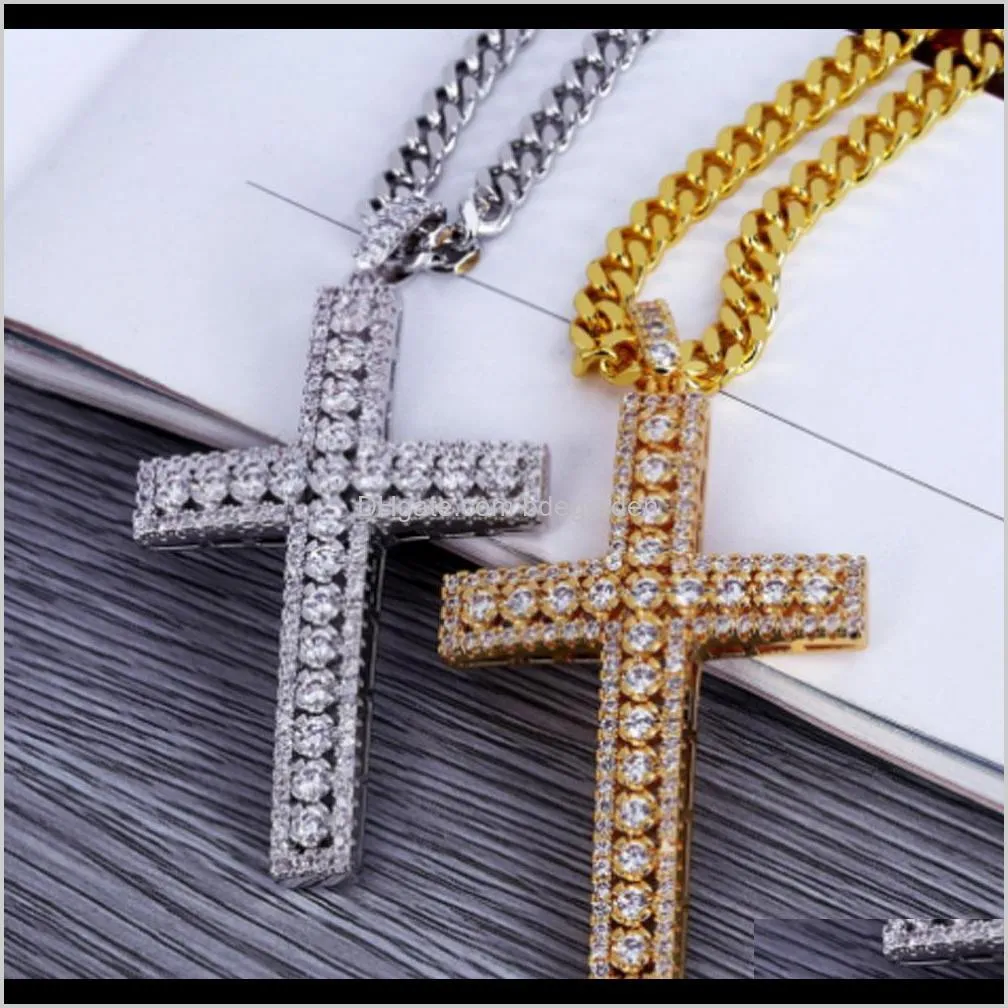 hip hop 18k gold plated iced out cubic zirconia cross pendant necklace with 4mm 60cm cuba chain necklace men women diamonds jewelry