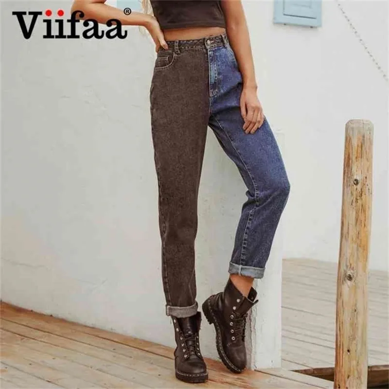 Viifaa zwart en blauw twee toon hoge taille denim jeans voor vrouwen rits vliegen casual dames rechte 210720