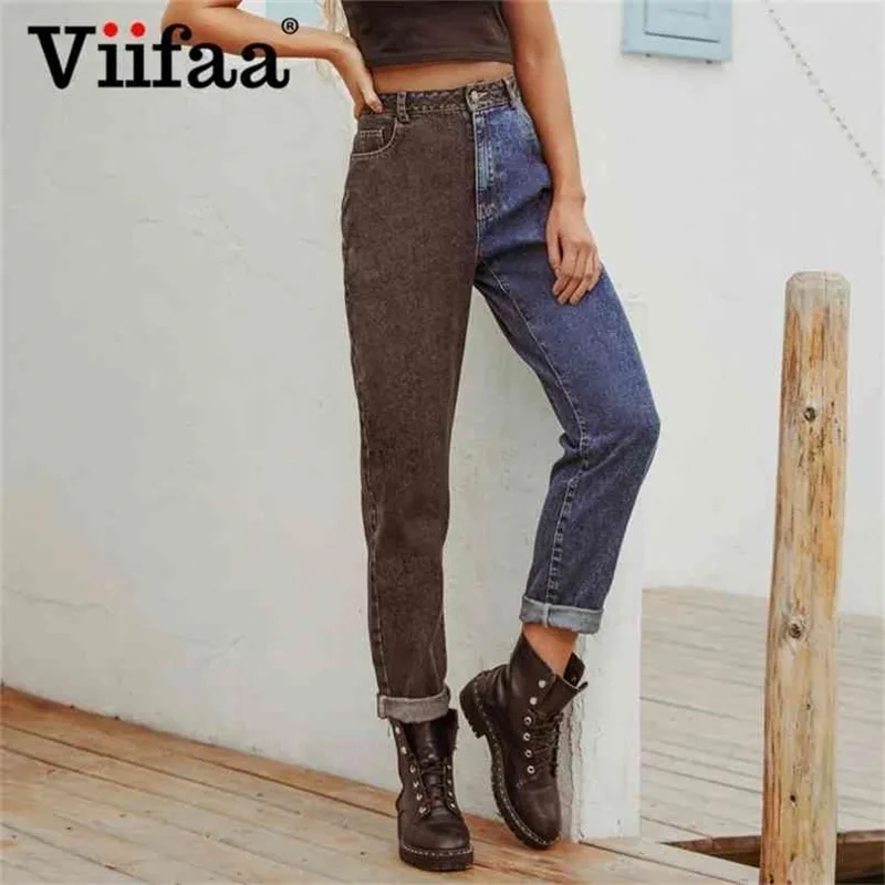 VIIFAA Black e blu jeans in denim in vita a due toni toni toni per donne con cerniera le donne casual dritti 210720