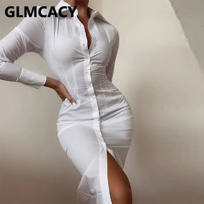 Elegant White Long Sleeved Dress with Button Up Front and Flared Skirt