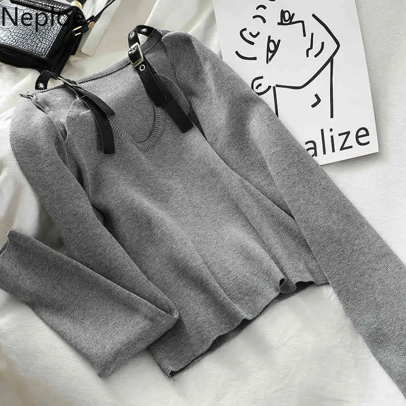 Neploe Fashion Sweaters for Women Temperament PU Shoulder Straps Knitted Pullovers Coat Sexy Hollow Out Short Sueter Mujer 4H107 210422