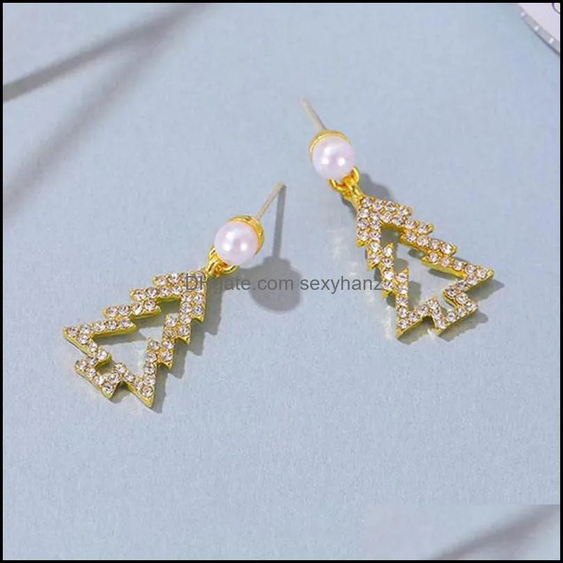 Christmas Tree Diamond Stud Earrings Women Hollow Out Pine Pearl Ear Drop Female Anniversary Party Gift Gold Dangle Earring Jewelry Accessories