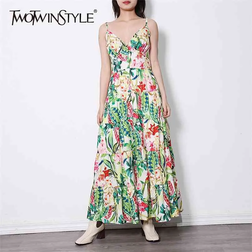 Bohemian print blommig sling klänning för kvinnor v nacke ärmlös hög midja maxi klänningar kvinnlig sommar mode kläder 210520