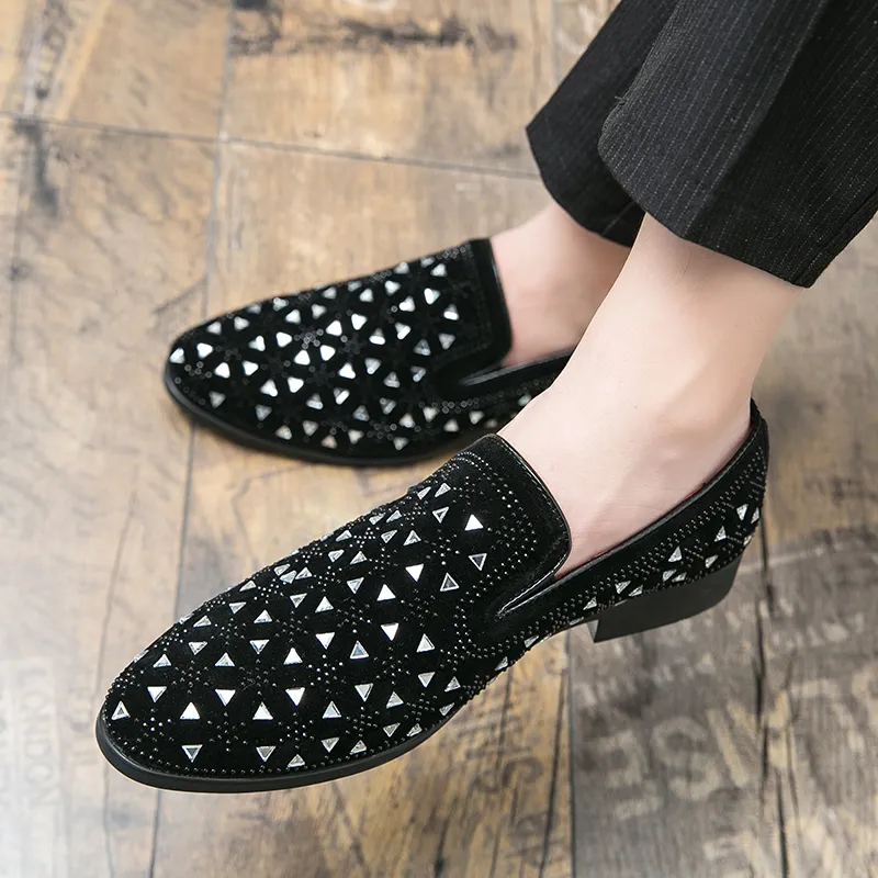 Rhinestone Luxury Brand men dress shoes Flat Casual Shoe Business Office Oxfords genuine leather Designers Metal Buckle Suede loafers Plus size 38 47