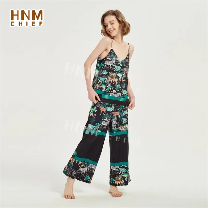 Пижама EN Satin Femme Silk V-образным вырезом Pajamas набор для женщин животных печати без рукавов жилет + Pankt костюм Nuisette Grande Taille 210809