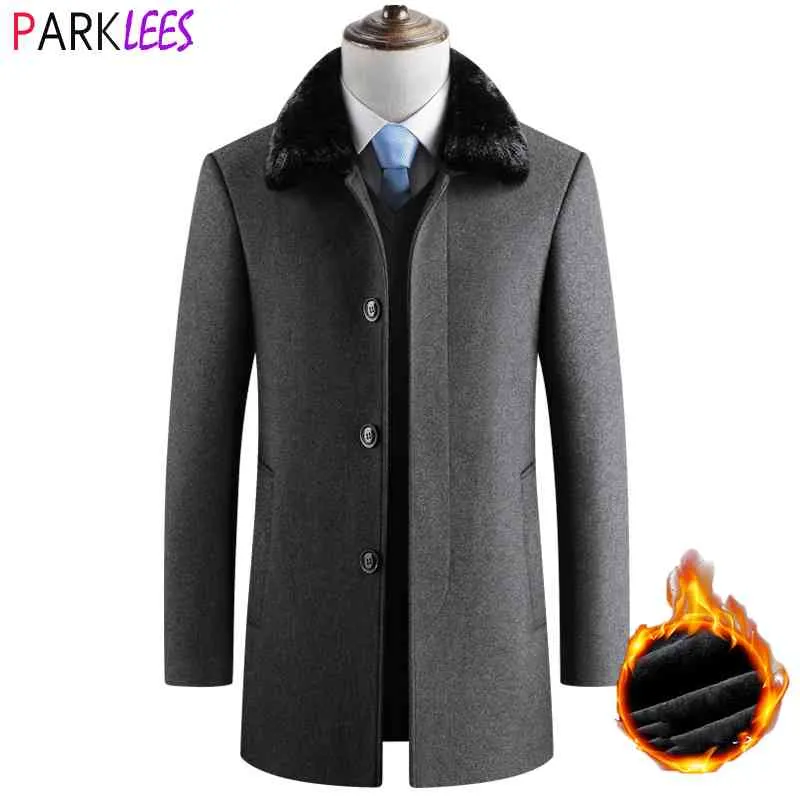 Mäns Vinterförtjockad ulltrench Coat Brand Fake Fur Collar Woolen Pea Coat Slim Fit Single Breasted Cashmere Coat Overcoat 210522