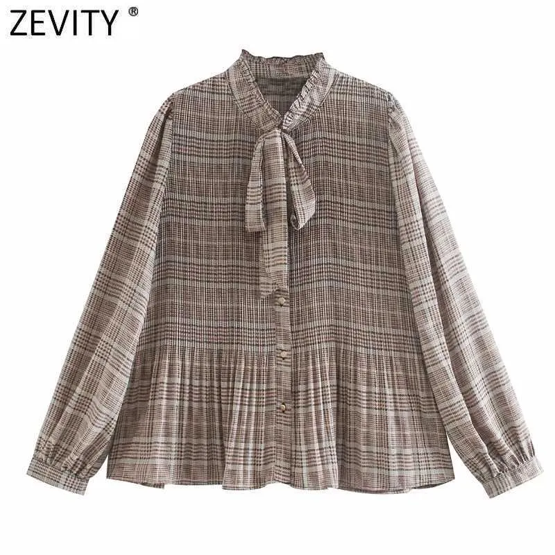 Zevity Womenヴィンテージ蝶ネクタイスタンドカラーチェック柄プリントプリーツ着物のシャツレトロな女性ブラウスRoupasシックフェミニナストップスLS7395 210603