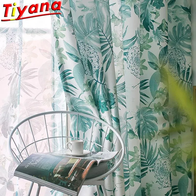 Blue Banana Leaf Printed Curtains For Living Room American Pastoral Leaves Window Drapes Bedroom Balcony #VT Curtain &