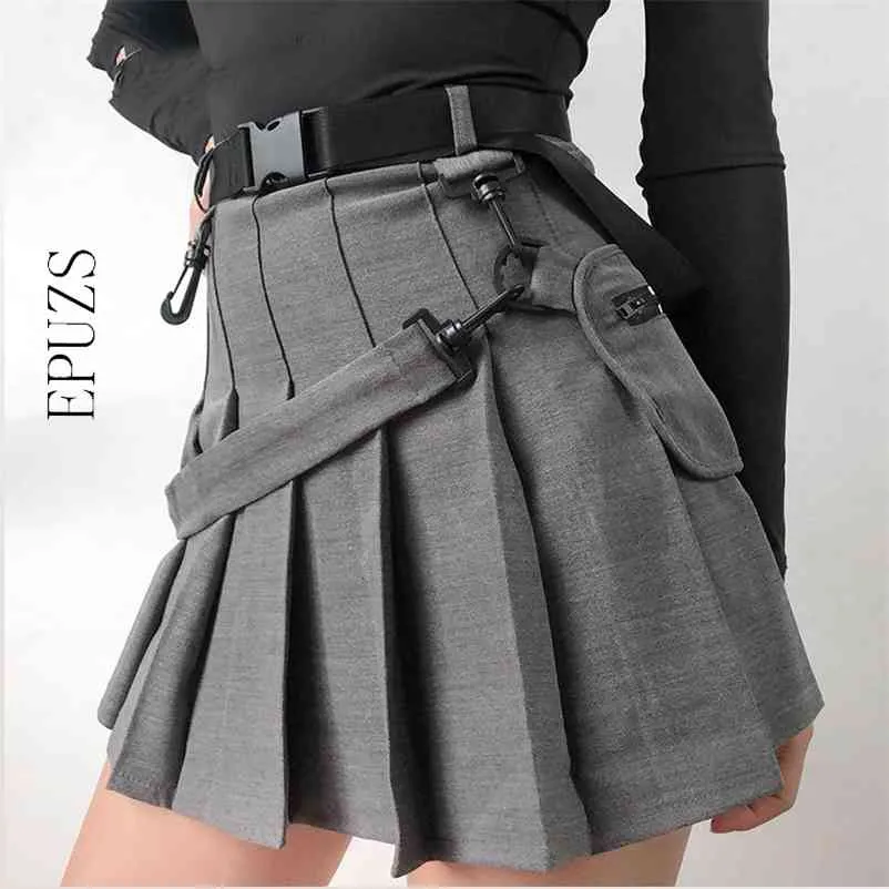 Vintage ceinture noir plissé jupes femmes poche taille haute Streetwear bureau mini coréen faldas 210521