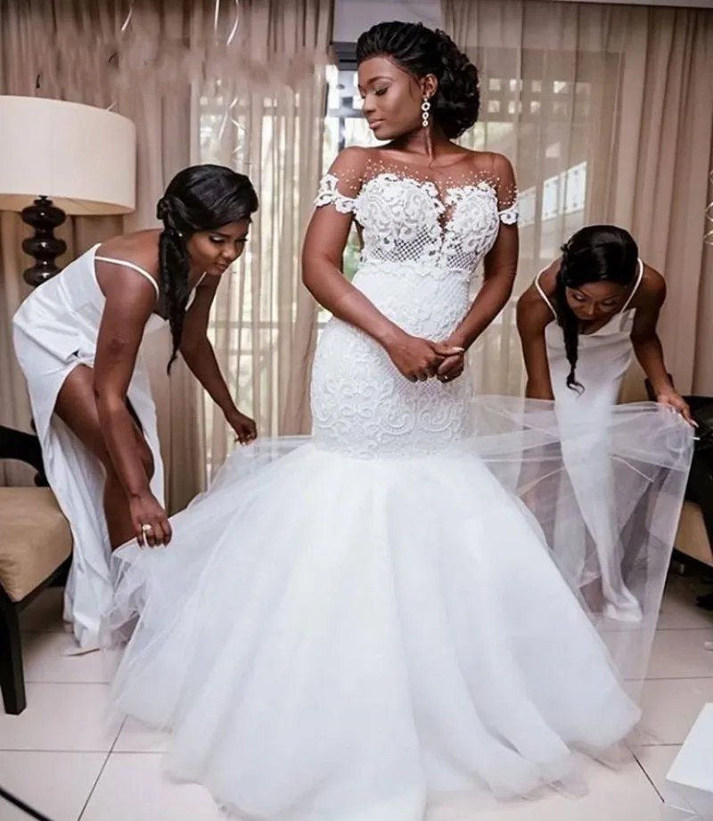 Custom Made Lace African Mermaid Wedding Dress With Boat Neck Short Sleeves Appliques And Beading High Quality 2022 Dress For Weddings Vestido De Noiva From Donnaweddingdress12 153.65 DHgate.Com