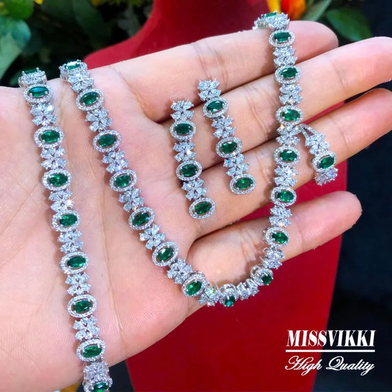 Brincos colar missvikki doce luxuoso luxuosos lindos jóias verdes cz conjunto de jóias femininas wedding sparkly acessórios