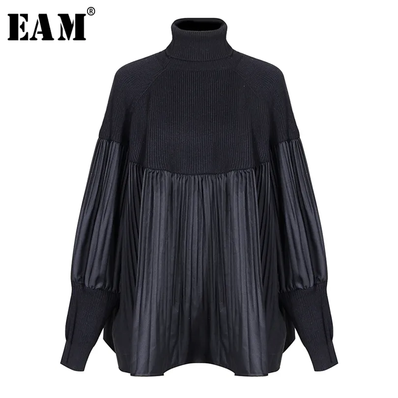 [Eam] pelado Split tamanho grande tricô camisola solta encaixe de gola alta manga longa mulheres Pullovers moda primavera 1M877 210922