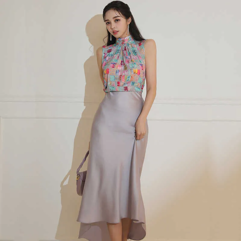 Duas peças femininas Sweeless Pullover Imprimir top + cintura alta sereia irregular saia de moda elegante terno 210529