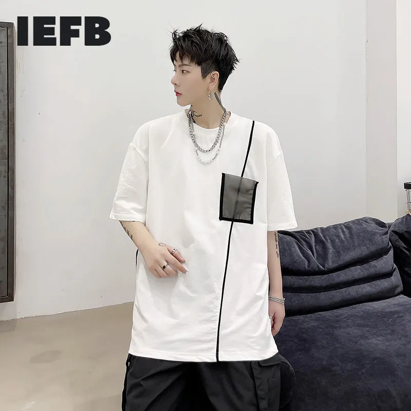 IEFBメンズティートップスコントラストカラーパッチワークシングルポケットハイストリートヒップホップハーフスリーブTシャツブラックホワイト因果210524