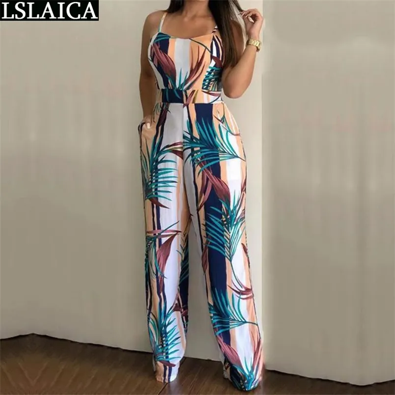 Dames Jumpsuit Overalls Backless Mouwloze Sling Print Sexy Rompertjes Slanke Mode Casual Bodysuit 210515