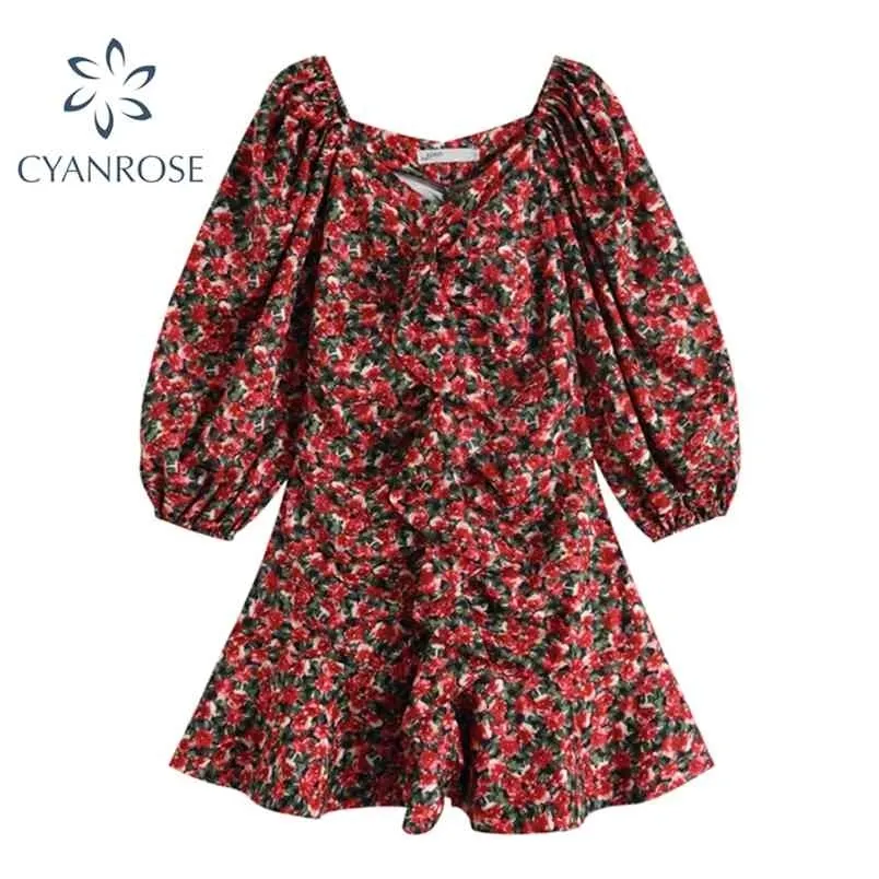 Vår franska retro klänning kvinnor lykta ärm blommig print frocks kvinnliga ruffles spliced ​​elegant grödor dam 210515