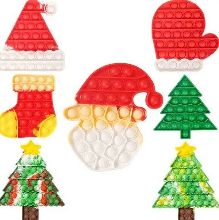 Kerstboom Stocking Mitten Vorm Push Pop Fidget Speelgoed Bubbels Popper Board Tie Dye Xmas Santa Clause Hat Caps Mitt Poo-zijn vingerpuzzel