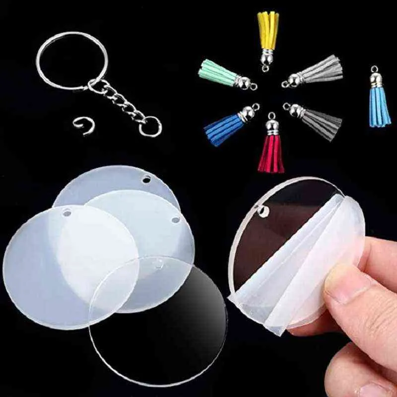 48 pièces acrylique porte-clés blancs avec porte-clés ronds disques clairs cercles coloré gland pendentif anneaux de saut pour bricolage artisanat H1126