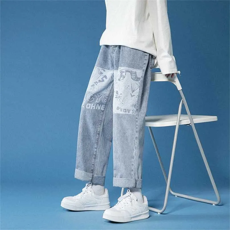 Ins Jeans Tendencia de los hombres Guapo Versátil Recto Suelto Pantalones de pierna ancha Cintura Streetwear Ropa China 211108