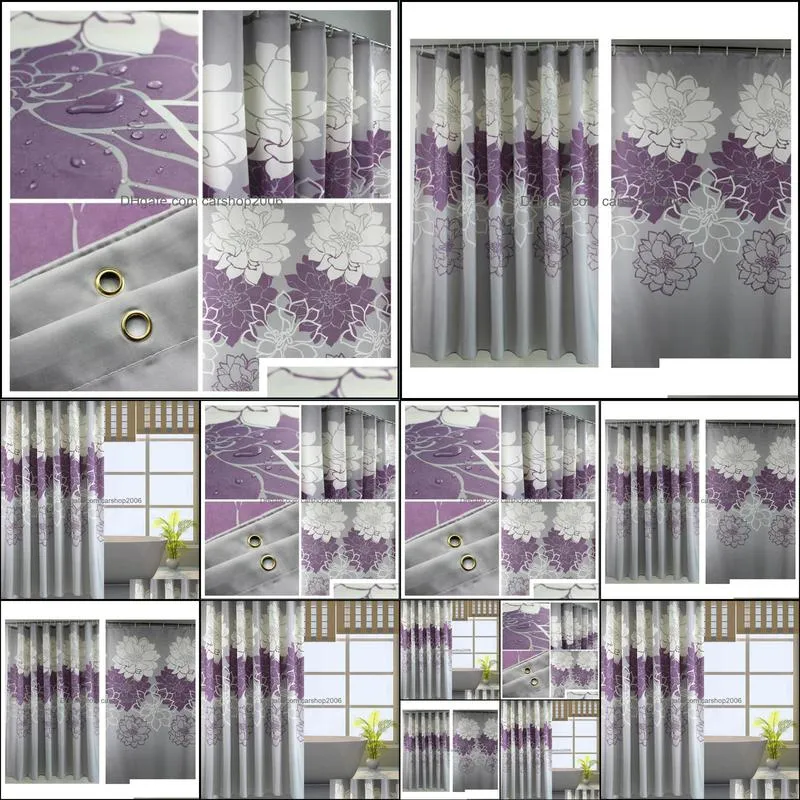 Shower Curtains Gray Background And Flowers Pattern,Mildew Proof Waterproof Washable Printed Polyester Fabric Curtain For Bathroom 5