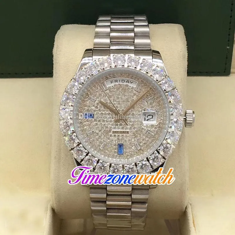 44 mm Day Date A2813 Automatik-Herrenuhr mit großer Diamant-Lünette, silbernes Schleierkraut, Zifferblattfarben, Strichmarkierungen, Edelstahl-Armbanduhren, Zeitzonenuhr E16c2