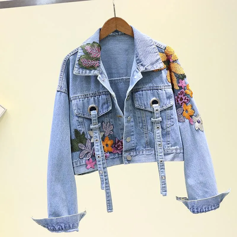 Printemps femmes vestes Denim veste femmes mode fleurs broderie paillettes jean court Vintage ample Streetwear 354