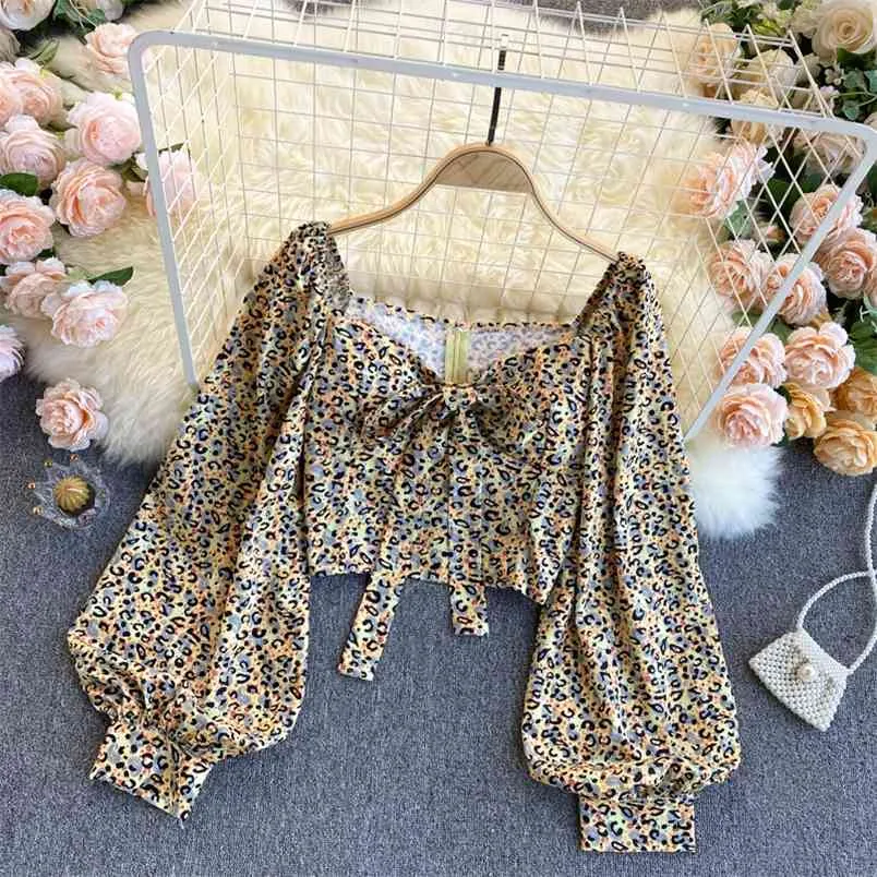 Spring Temperament Fashion Leopard Print Top Women French Retro Blusa con scollo a V manica a sbuffo camicia corta in chiffon C202 210506