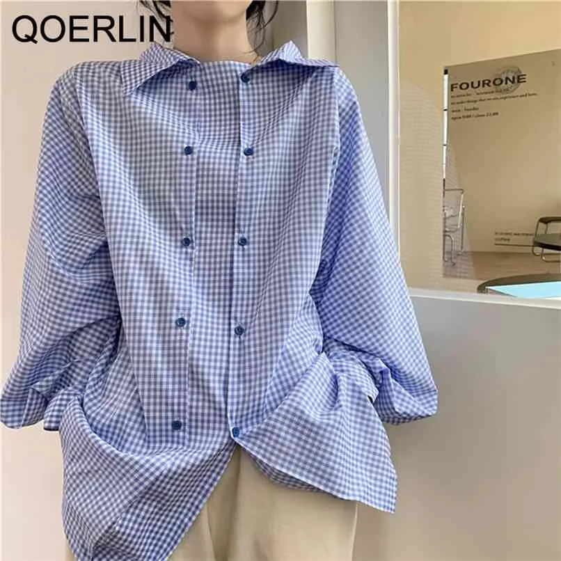 Qoerin Loose Plaid Z Długim Rękawem Długim Rękawem Kobiety Collar Collar Fake Button BF Oversize Bluzka Kobieta Harajuku Latarnia Topy 210601