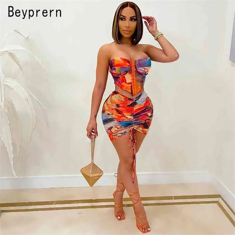 BeyPrern Vacker Slips Dye Korsett Kjol Sätta Kvinnor Sommarnesh Tryckt Skörd Top och Matchande Outfits Party Clubwear 2 stycken 210730