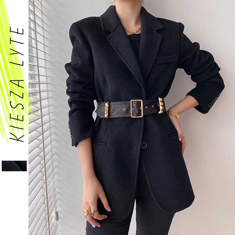 Winter Women Black Wool Coats Notch Lapel Gold Buckles Belt Slim Woolen Thick Jacket Office Lady Warmness Outwear Female 210608