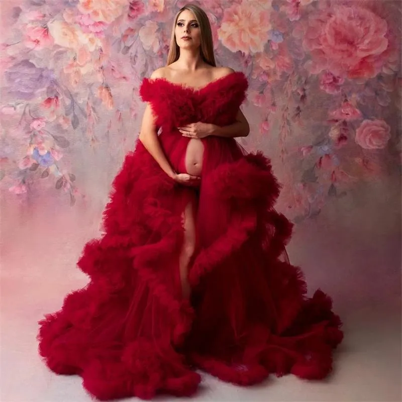 Red Tulle Prom Dresses szaty macierzyńskie dla fotografii Strzelać Warszały Ruffles Bridal Ciąża Suknie Suknie