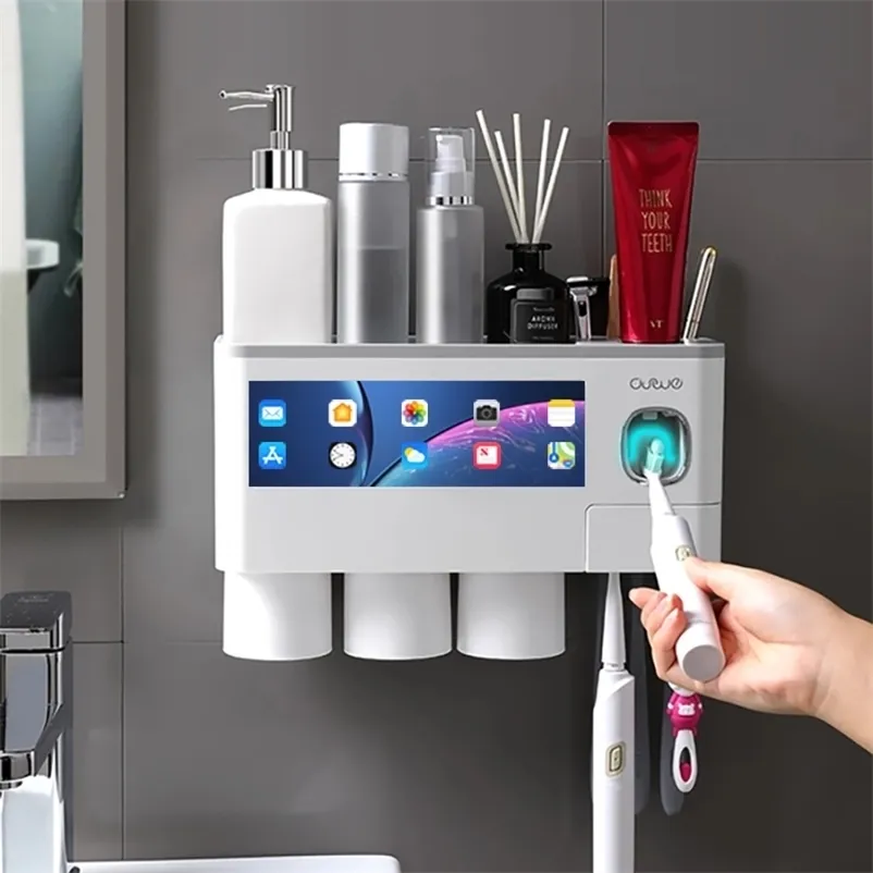 Magnetic Adsorption Inverted Toothbrush Holder Automatic Toothpaste Squeezer Dispenser Storage Rack Bathroom Accessories Home 220107