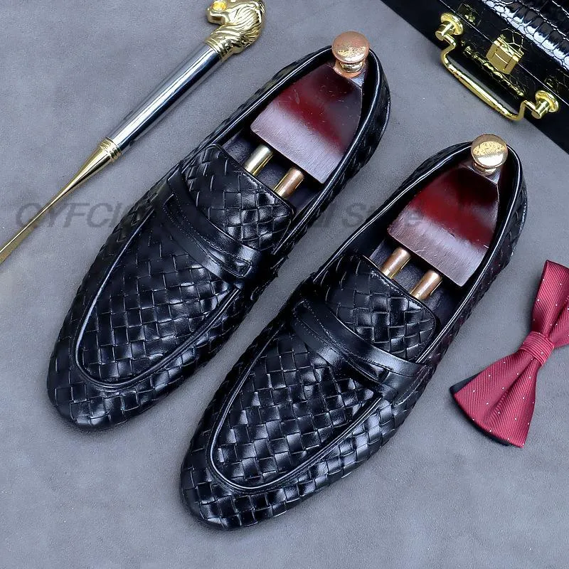 Luxe mannen jurk schoenen lederen gevlochten bruiloft loafers zwart bruin zakelijke kantoor formele slip op heren schoenen