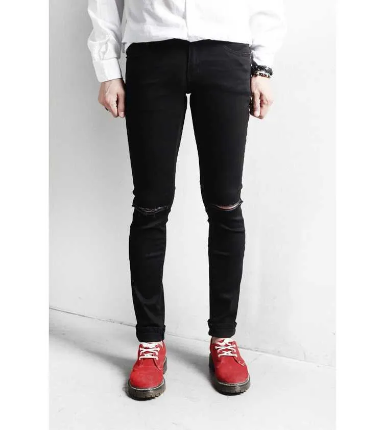 Jeans hommes slim petits pieds version coréenne polyvalent pur noir spectacle trou mince neuf points petites jambes de pantalon coiffeur social x0621