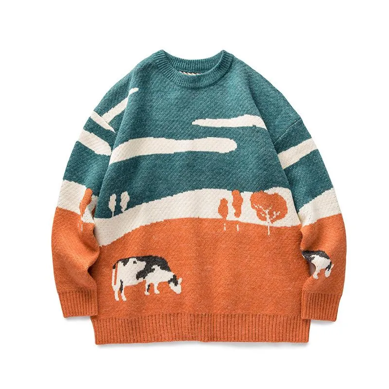 Mäns Tröjor 2021 Höst Vinter Män Kor Tryck Vintage Causal Sweater Pullover Koreanska Kläder O-Neck Kvinnor Harajuku Kläder
