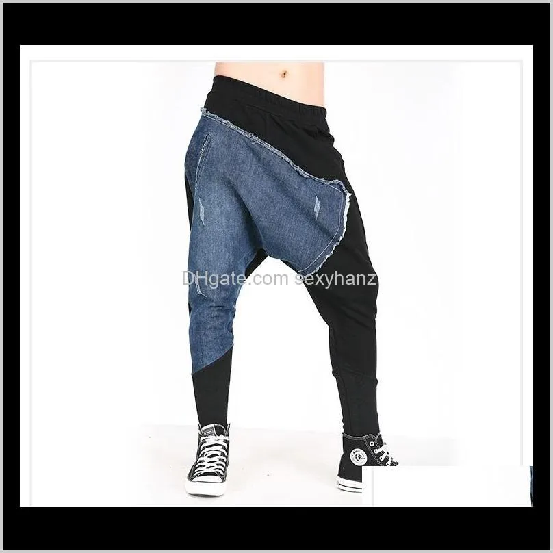 hip hop dance baggy joggers elastic waist harem denim pants men hanging crotch trousres men low drop crotch loose jeans fsh291
