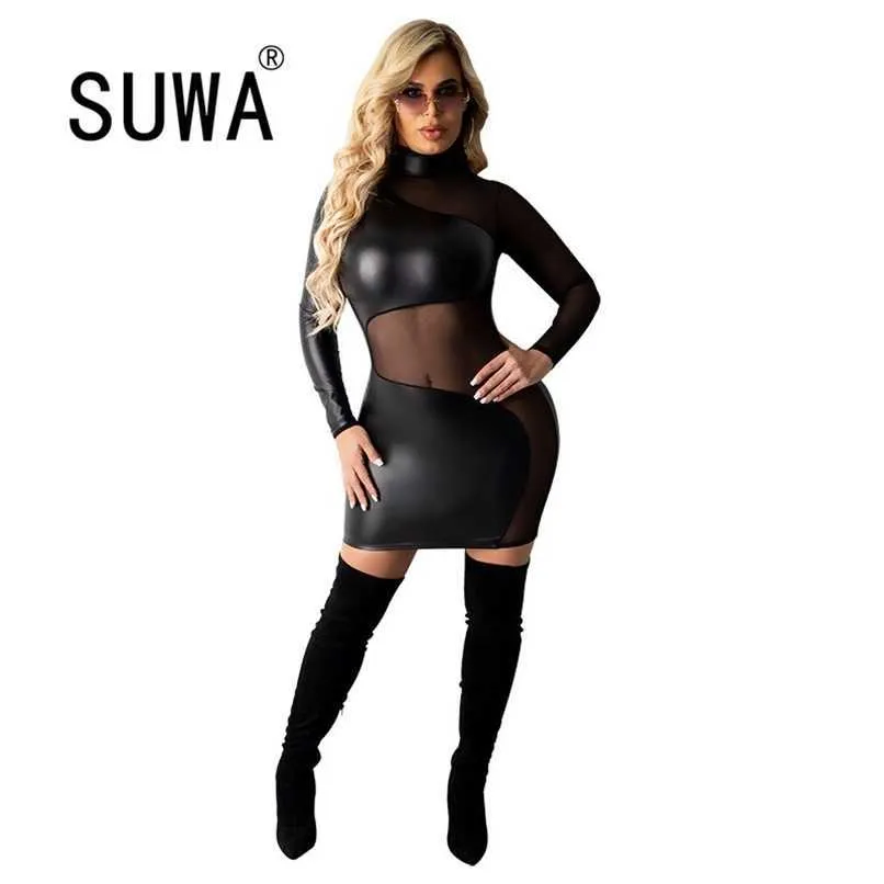 Clássico All Black Malha PU PUScolcher Sexy Club Party Mulheres Vestidos Recomendar Estilo Manga Longa Bodycon Dress Plus Size 210525