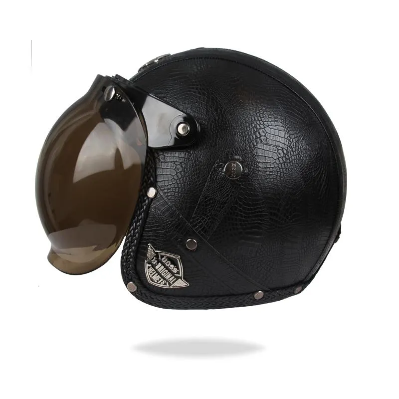 Motorcycle Helmets Retro Helmet Leather Open Face Capacete Para Motocicleta Cascos Racing Vintage With Bubble Len