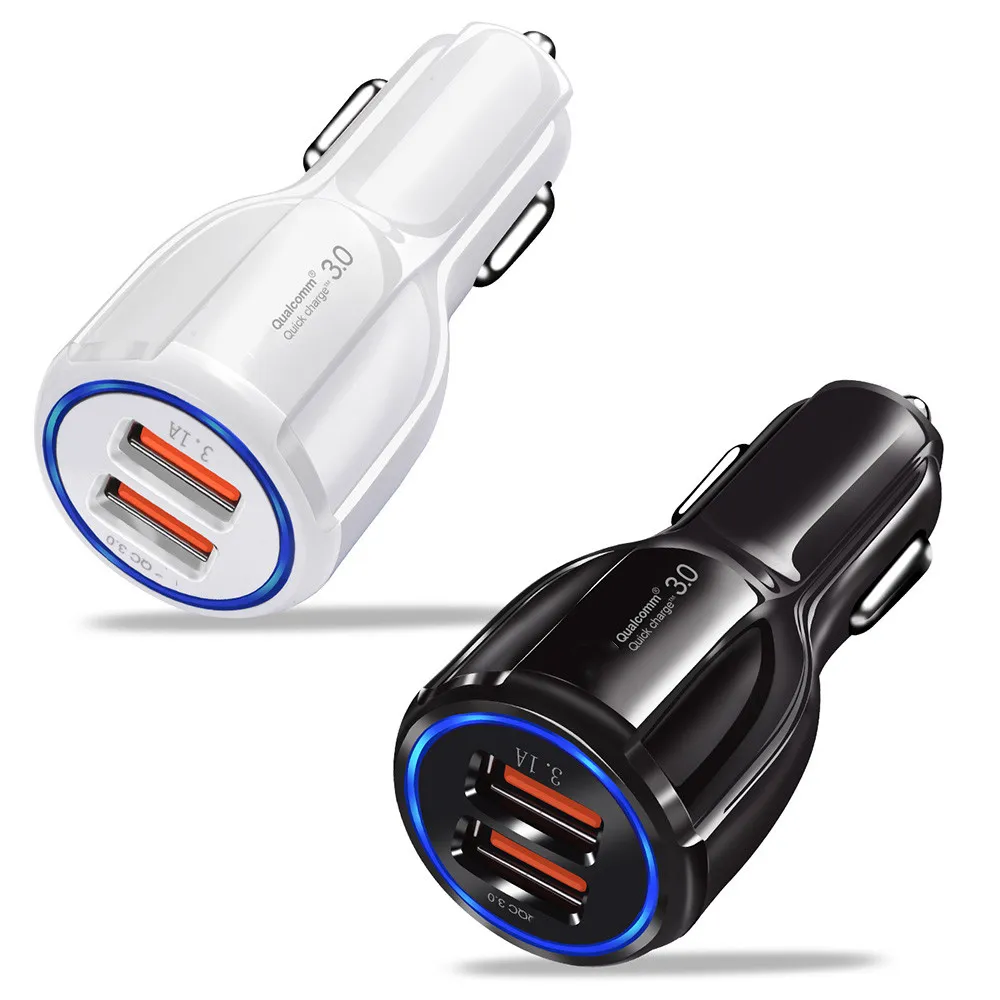 OEM 3.1a المحمولة شواحن الهاتف الخليوي السريع المزدوج usb qc3.0 شاحن سيارة سريعة مع ضوء LED لسامسونج S9 S10 note10 20 S20 iPhone 678 X XR XSMAX 11 12 13 Pro Max iPads