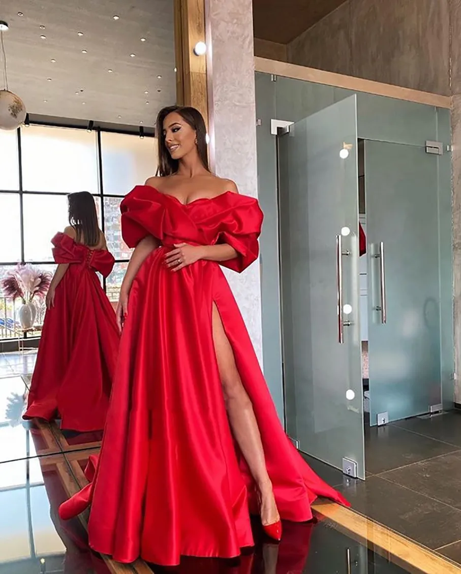 Gorgeous Long Satin Evening Dress Red For Bride With Sleeves Off