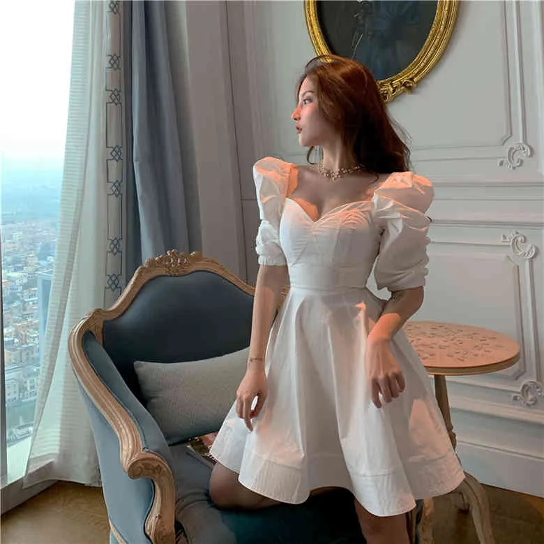 short satin puff sleeve dress with empire waist Short Satin Puff Sleeve Dress with Empire Waist