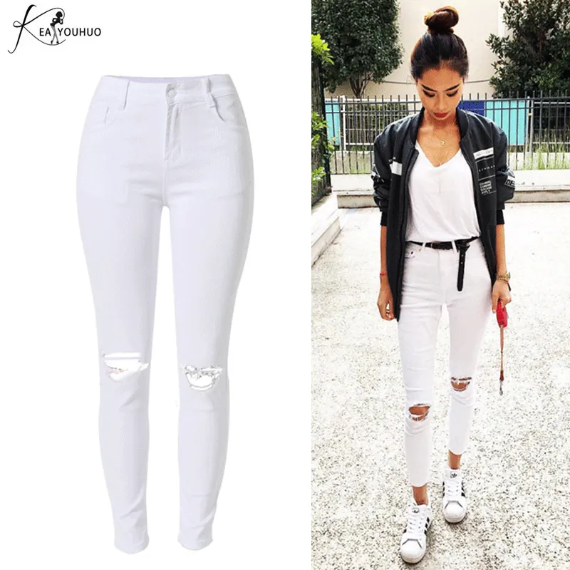 2020 taille haute blanc Denim trou déchiré jean Femme Jean mince Pantalon Femme été crayon Pantalon pour femmes jeggings Pantalon Q0801