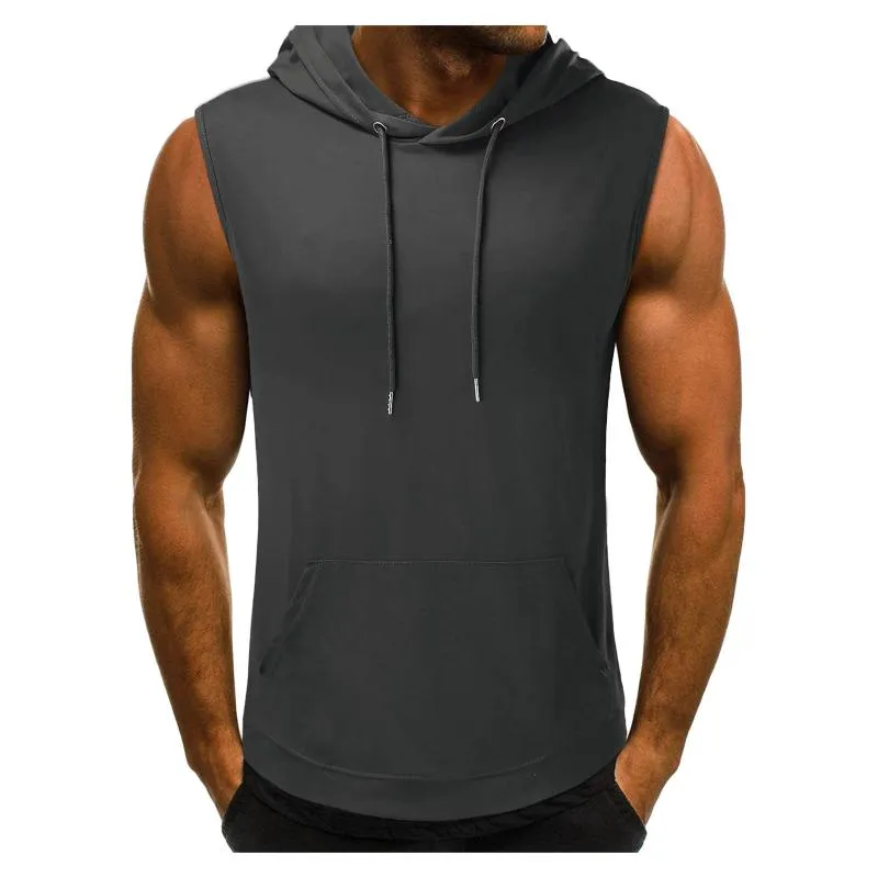 Men's T-Shirts Summer Mens Muscle Hoodie Vest Sleeveless Bodybuilding Gym Workout Fitness Shirt High Quality Hip Hop Sweatshirt Tops