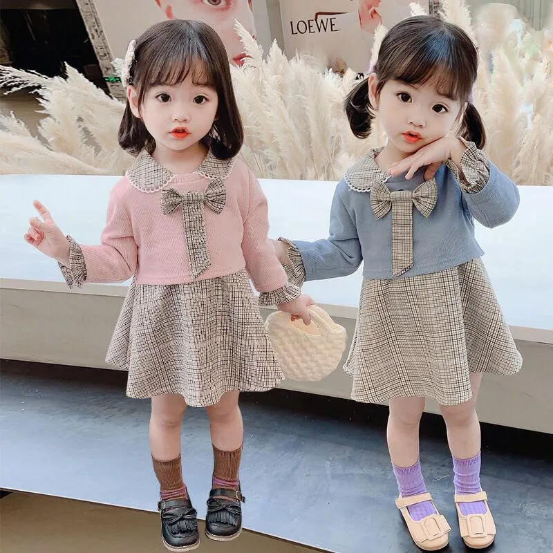 Sukienka dziewczyny Sukienka na rok 2022 koreańska moda dzieci zima ciepła dzianiny kratki Fałszywy Dwa spódnicy Zestawy Toddler Girls Baby Kawaii Bowknot